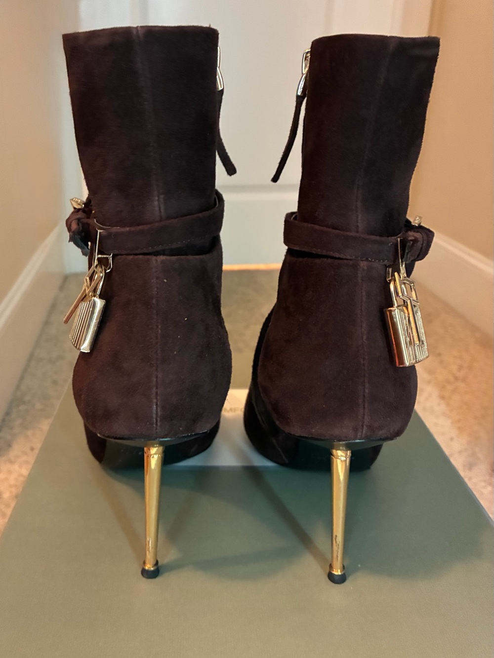 Tom Ford Dark Brown Suede Pointed Ankle Boot with Gold Stiletto Heel - Picture 9 of 11